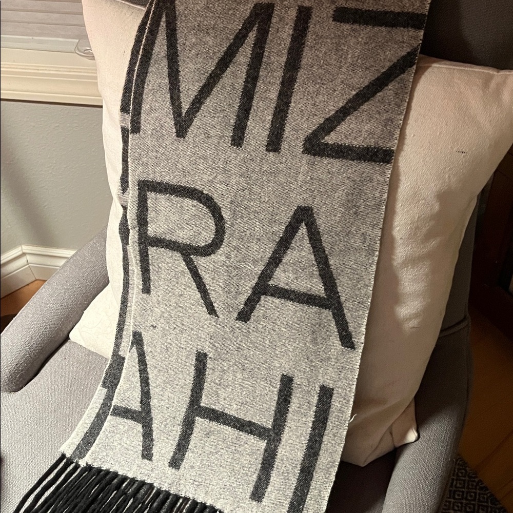 Gray and Black Isaac Mizrahi Cashmere Logo Scarf